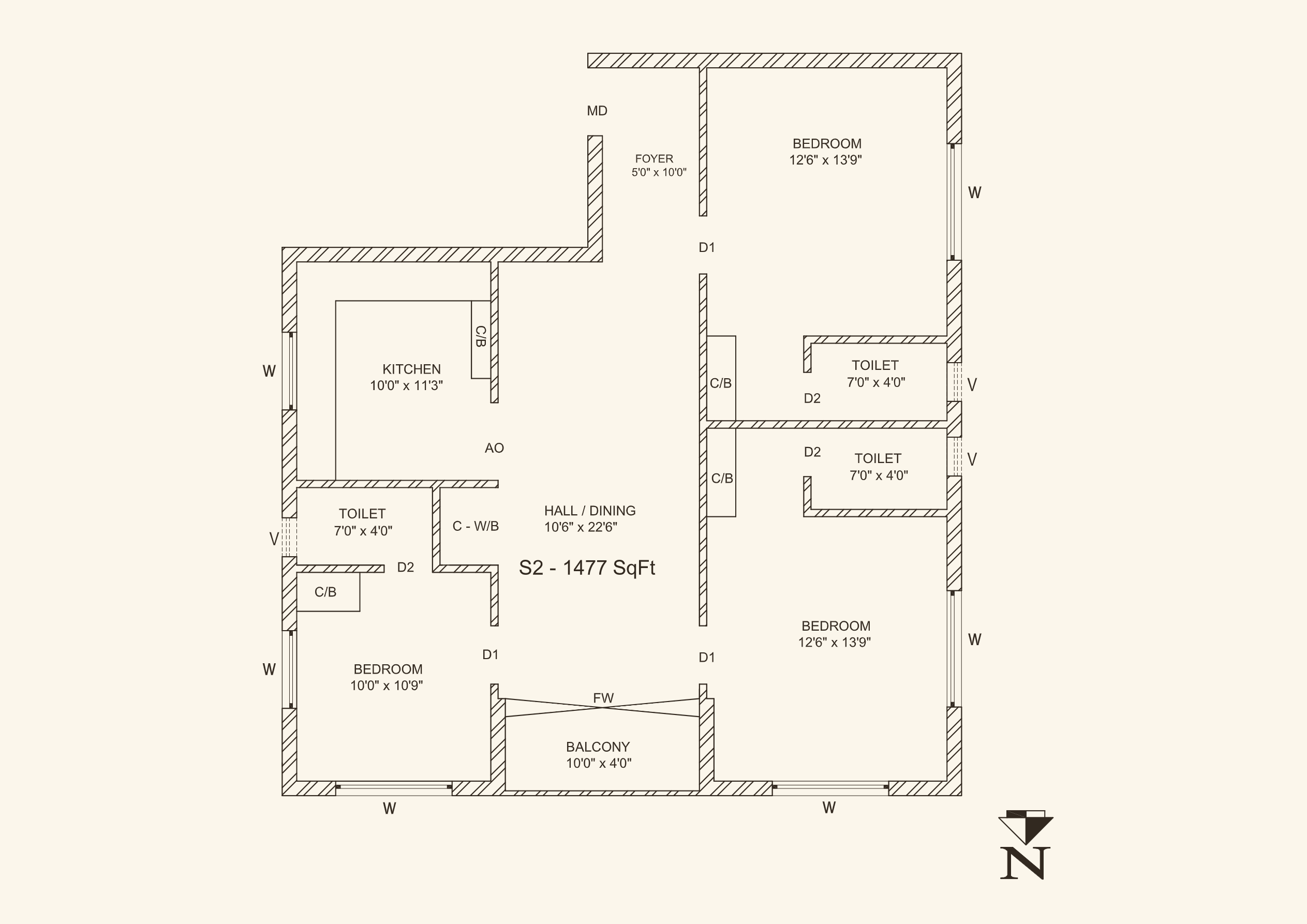 Floor plan of the 1,477 sq ft S2 unit at Sapthaswarangal, Velachery