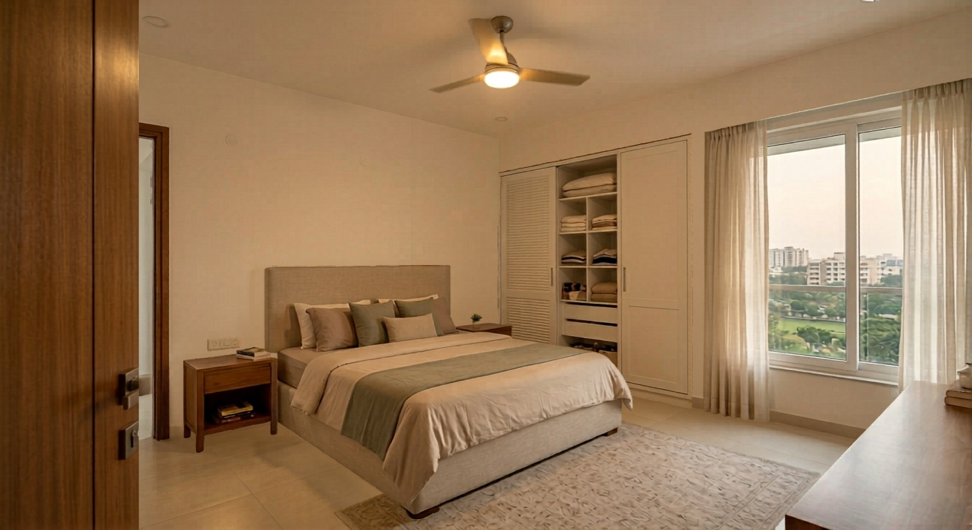 Master bedroom with a large window and city view in a Sapthaswarangal 3BHK flat, Velachery