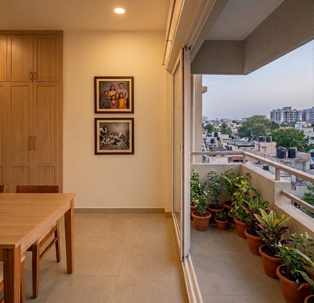Balcony with potted plants and a city view in a Sapthaswarangal 3BHK flat