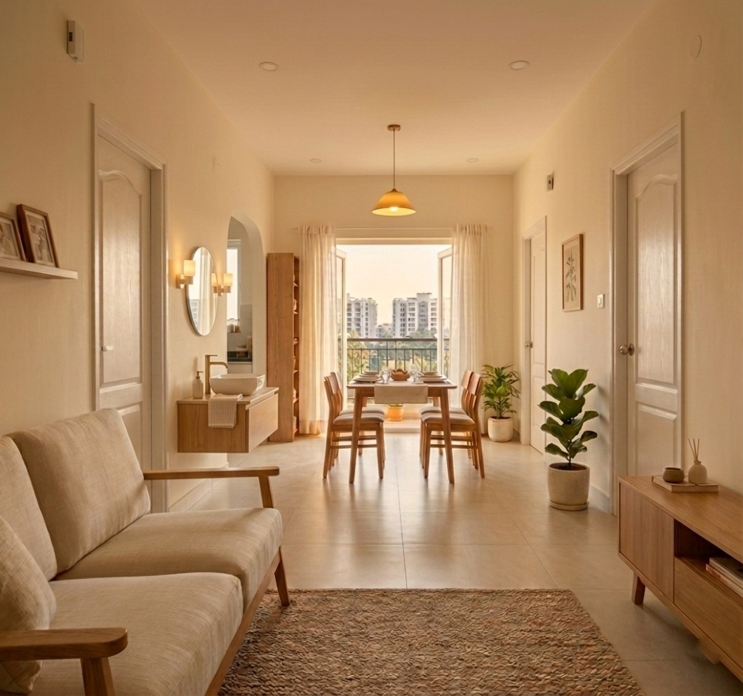 Open-plan living and dining area in a Sapthaswarangal 3BHK flat, Velachery