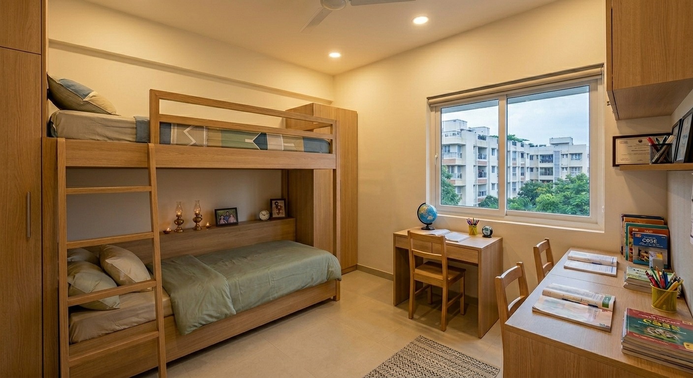 Second bedroom with a bunk bed and study desk in a Sapthaswarangal 3BHK flat